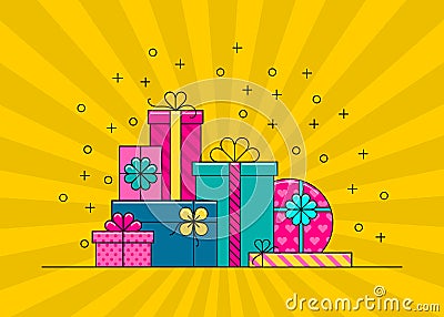 Big pile of colorful wrapped gift boxes. Vector Illustration