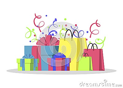 Big pile of colorful wrapped gift boxes. Mountain gifts and shopping bags. Gift box icon. Gift symbol. Christmas. Vector Illustration