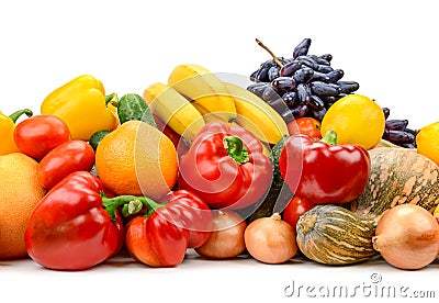 Big pile fruits, vegetables, berries isolated on white Stock Photo