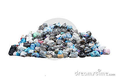 Big pile of garbage in black blue trash bags isolated on white background. Ecology concept. Pollution environment disaster Stock Photo