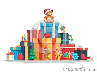 Big pile gift boxes and toys Vector Illustration