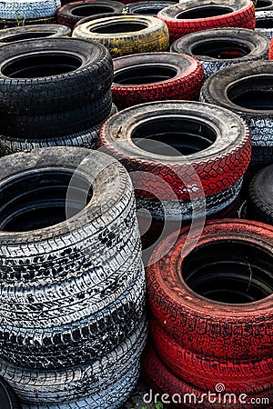 Pile Of Old Used Car And Bike Tyres Representing Hazardous Waste And Material For Recycling Rubber Editorial Stock Photo