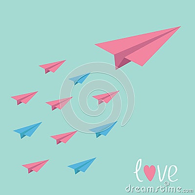 Big pink paper plane with small planes. Love card. Cartoon Illustration