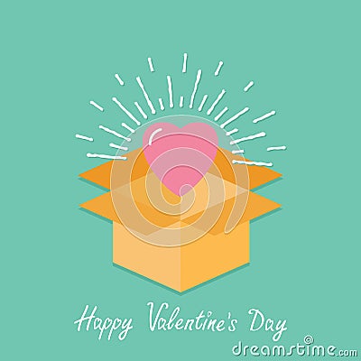 Big pink shining heart in the box. Flat design Happy Valentines day card Vector Illustration