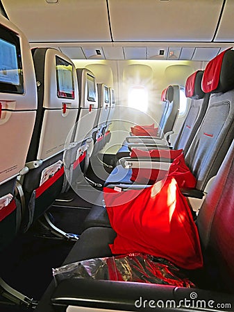 Big plane seats just before loading passengers. Big trip expectations. Stock Photo