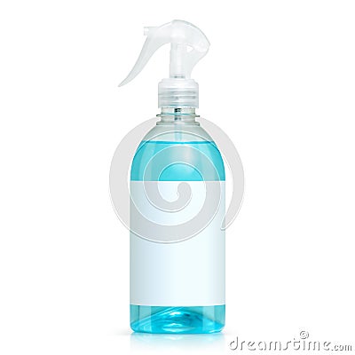 Big plastic bottle with blue sanitizing gel, white label and dispenser Stock Photo