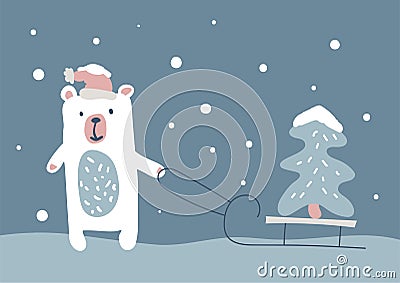 Big polar bear carries a sled with Christmas tree. Horizontal banner, Christmas Card, Seasons greetings. Vector Vector Illustration