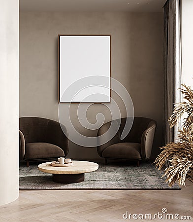 Big poster picture blank frame in modern home interior, reading nook, beige tones, modern design armchair and furniture, 3d render Stock Photo