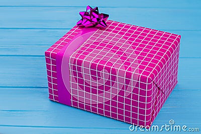 Big purple checkered gift box. Stock Photo