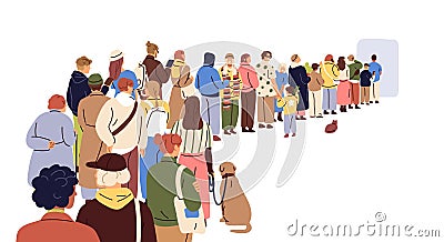 Big queue. Many, multitude people waiting in long line, back view. Crowd of tourists, refugees, men, women, children Vector Illustration