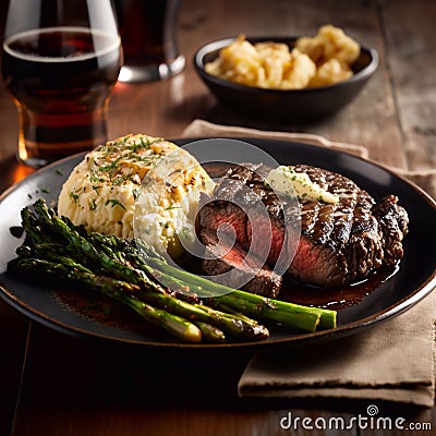 medium rare ribeye steak topped with garlic herb butter Stock Photo