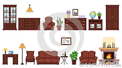 Big realistic Set of home furniture elements for cabinet, library, parlour. Stock Photo