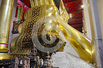 Big reclining buddha statue in ubosot at Wat Phra Non Chakkrasi Worawihan in Singburi city of Sing Buri, Thailand Stock Photo