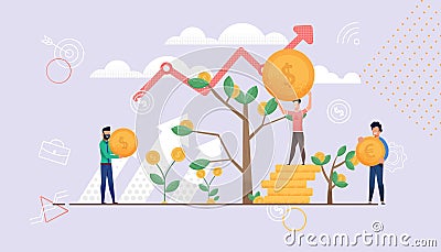Big Red Arrow goes up against Sky. People Invest. Vector Illustration