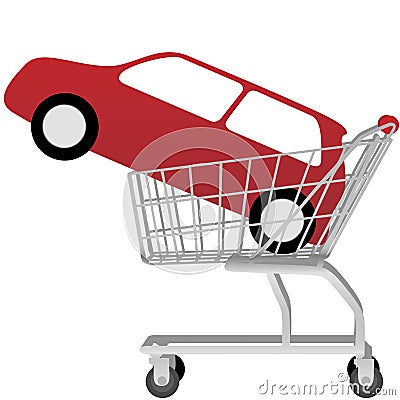 Big red auto inside a shopping cart Vector Illustration