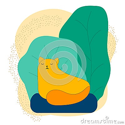 Big red cat on a pillow among the trees in the backyard vector illustration Stock Photo