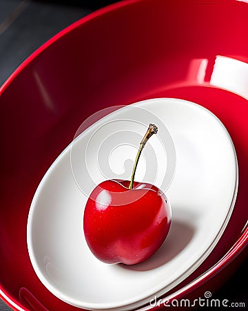 Big red cherry on a white saucer. Stock Photo