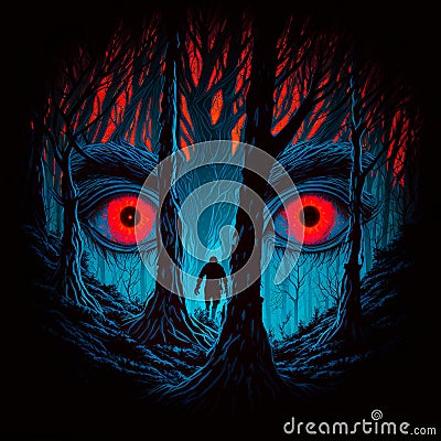 Big red eyes against the background of a gloomy mystical fores Cartoon Illustration