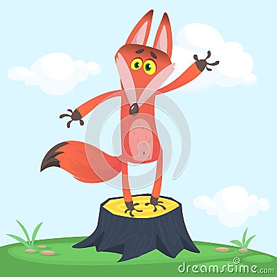 Big Red Fox tail angrily funny cartoon style stand upright at grass green background, vector illustration. Vector Illustration