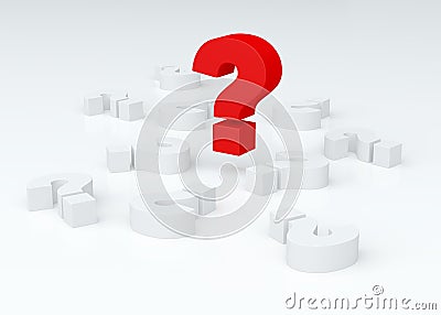 Big red question mark over lying white marks (3D render) Stock Photo