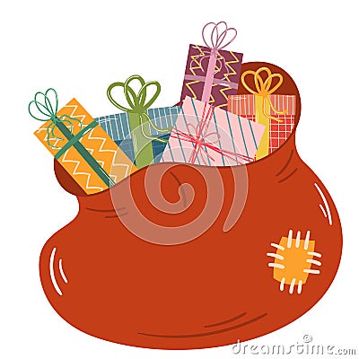 A big red Santa Claus bag with gift boxes. Vector Illustration
