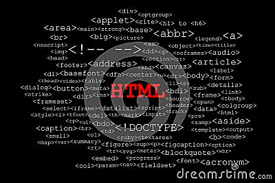 Big red title HTML in the middle with many different HTML tags Stock Photo