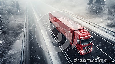 Big red truck driving on snowy highway through the forest, on a winter day during snowstorm. Long-distance haulage. Generative AI Stock Photo