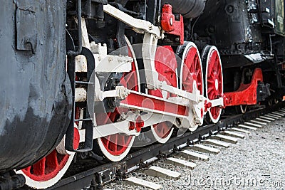 Big red wheels of a old train Stock Photo