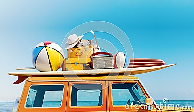 Big retro car SUV with baggage, luggage and beach equipment on the roof, fully packed, ready for summer vacation Stock Photo