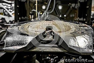 Big rig Semi Truck fifth wheel lubricated for smooth glide when cornering Stock Photo