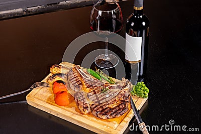 Medium Roasted T-Bone Steak and turkish wine stock photo Stock Photo