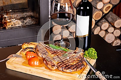 Medium Roasted T-Bone Steak and turkish wine stock photo Stock Photo