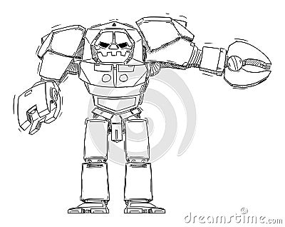 Big Robot Pointing at Something. Technology and Marketing. Hand Drawing and Illustration Vector Illustration