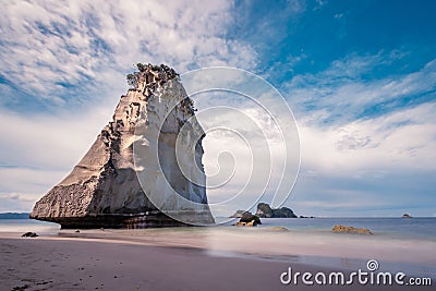 The big rock at the beach cathedral cove in Coromandel, New Zealand - longexposure photography Stock Photo