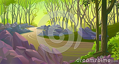 Big rocks along a path through the forest. Vector Illustration