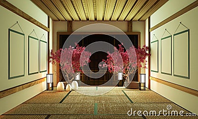 BIg roominterior design in modern living room with black low table ,lamp,vase, and decor Japanses style. 3D rendering Stock Photo