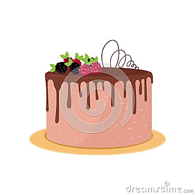 Big round birthday or wedding cake with chocolate top, cream decor, berries on white Vector Illustration