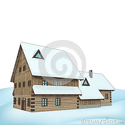 Big rural winter wooden cottage mansion Cartoon Illustration