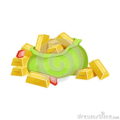 Big Sack With Golden Bars And Rubies, Hidden Treasure And Riches For Reward In Flash Came Design Variation Vector Illustration