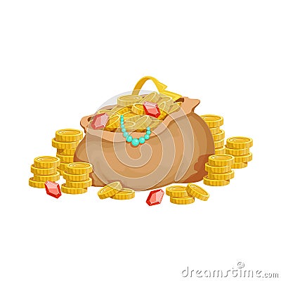 Big Sack With Golden Coins And Jewelry, Hidden Treasure And Riches For Reward In Flash Came Design Variation Vector Illustration