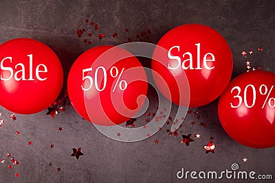 Big sale bacground with red balloons on black, Get ready for Black Friday sales Stock Photo