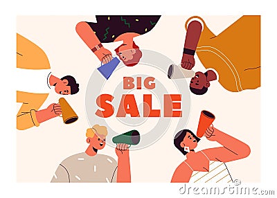 Big sale banner background, marketing announcement, promotion. Happy people with bullhorns, megaphones, loudspeakers in Vector Illustration