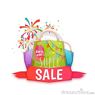 Big sale banner with color packet and confetti. Vector illustration Vector Illustration