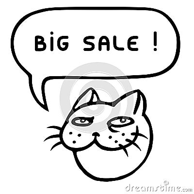 Big sale. Cartoon cat head. Speech bubble. Vector illustration. Vector Illustration