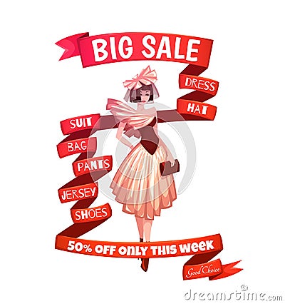 Big sale clothes poster with ribbon. Vector Vector Illustration