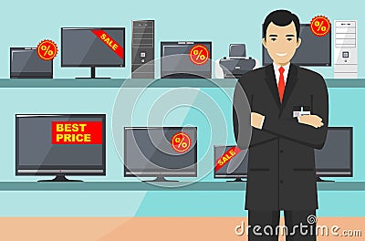 Manager in store with TVs, computers, laptops, printers, monitors. The salesman in the electrical shop. Detailed Vector Illustration