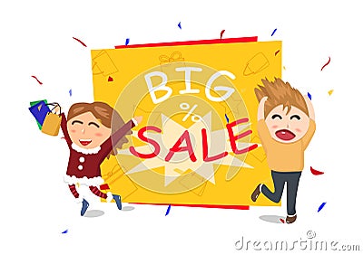 Big Sale event, shopping mall, end of season, gift and celebration holiday, kids cute cartoon style character vector Vector Illustration