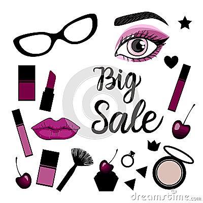 Big Sale. Fashion banner with a set of illustrations make up sign. Vector illustration isolated on white background. Vector Illustration