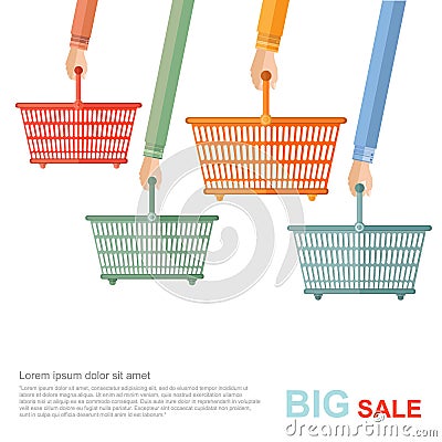 Big sale flat illustration. hands hold of perforated shopping baskets on white Vector Illustration