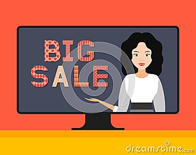 Big sale. girl points at a computer monitor. . Cartoon Illustration